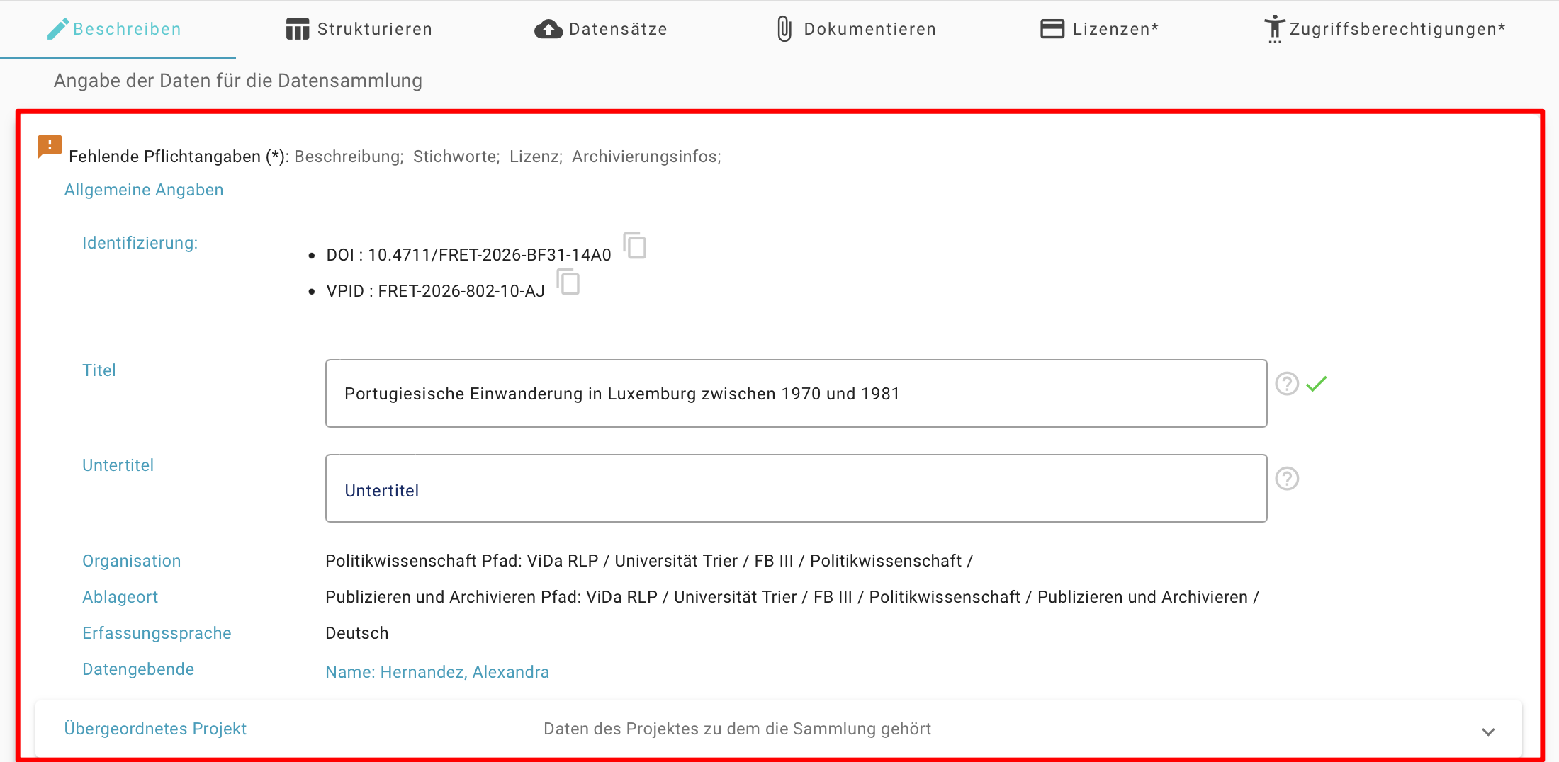 Bearbeitungsmaske der Datensammlung
