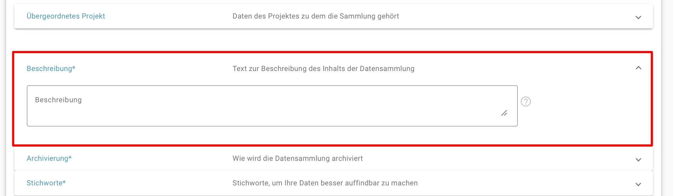Bearbeitungsmaske der Beschreibung