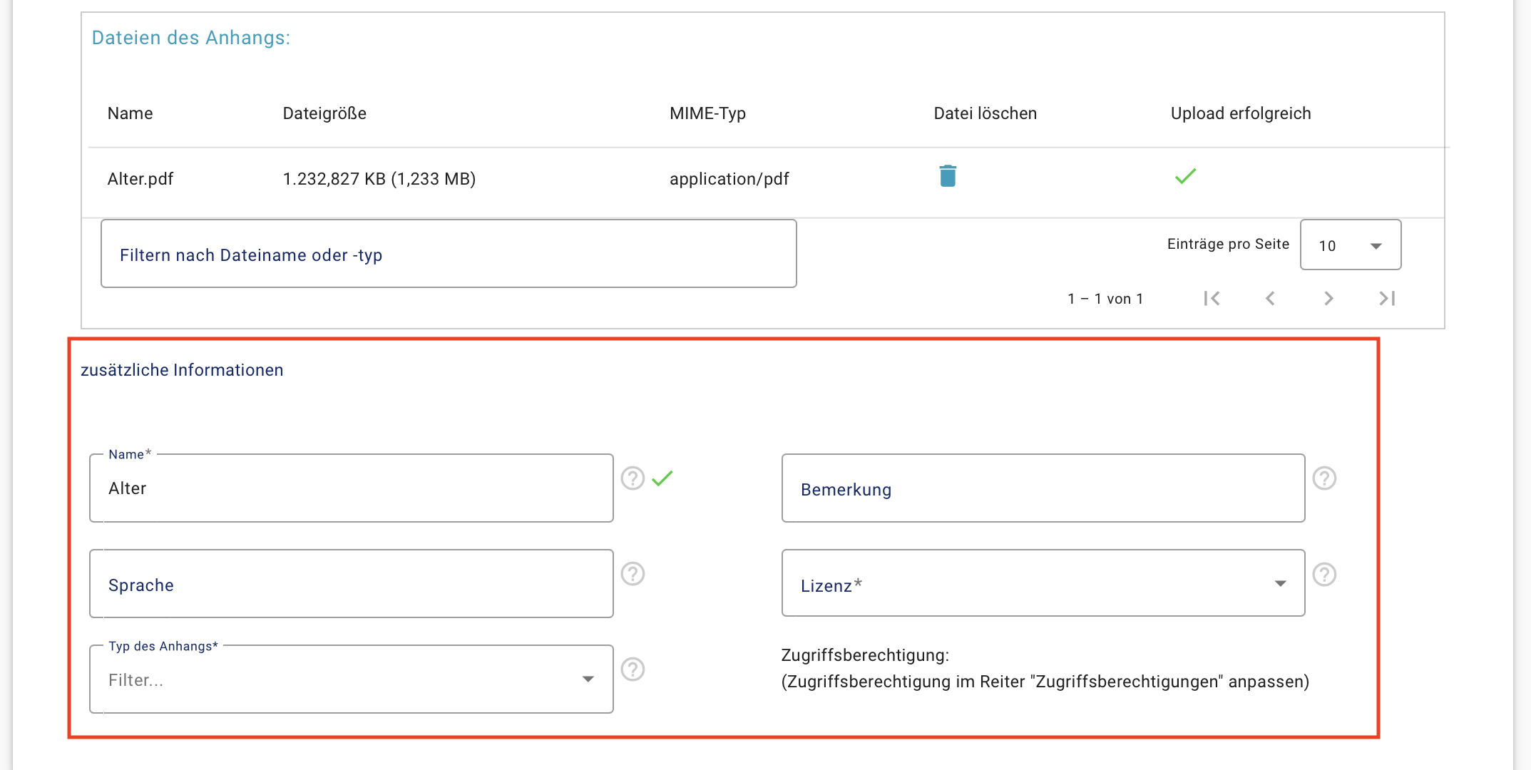 Bearbeitungsmaske der zusätzliche Informationen