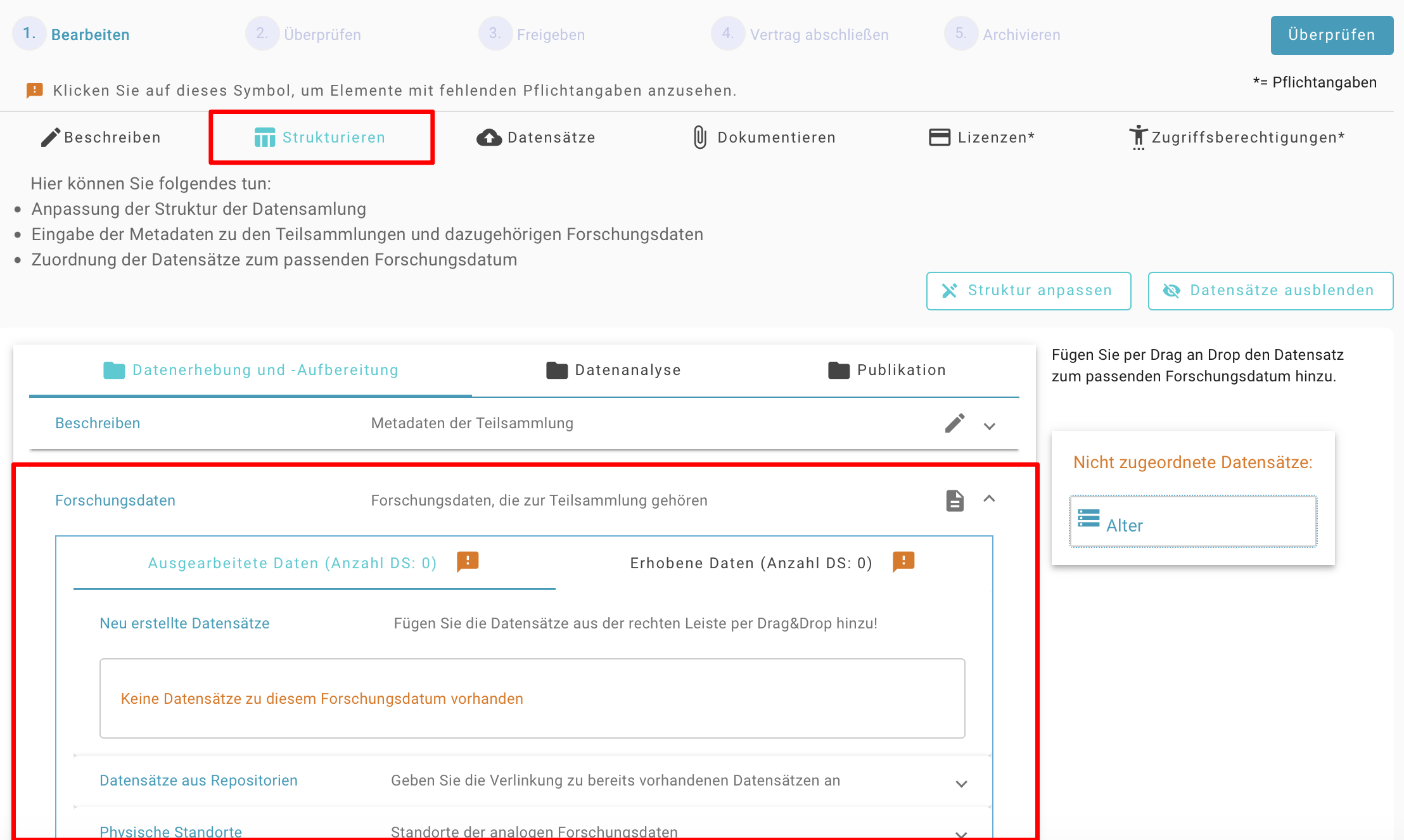 Bearbeitungsmaske des Forschungsdatums