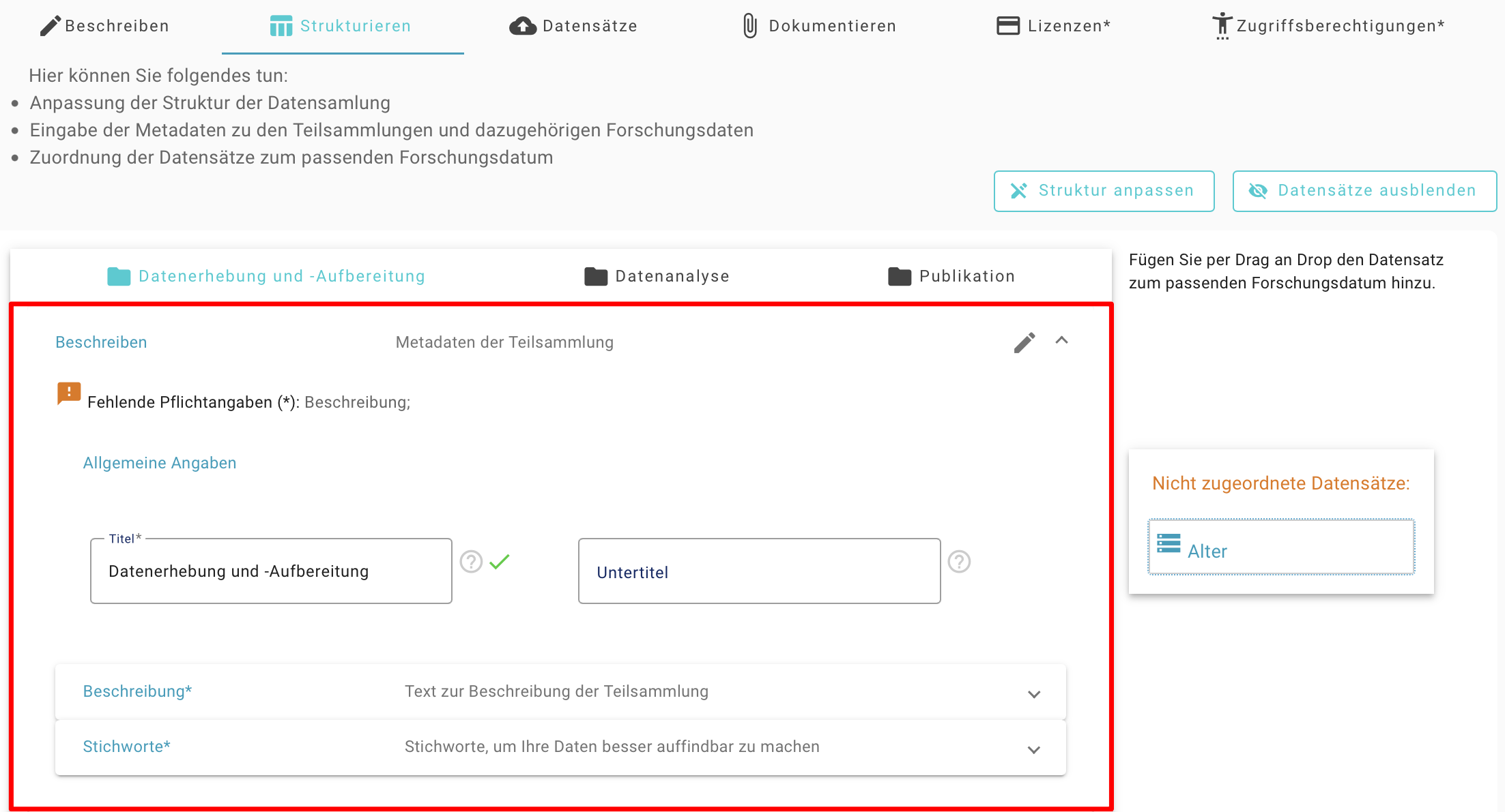 Bearbeitungsmaske einer Teilsammlung