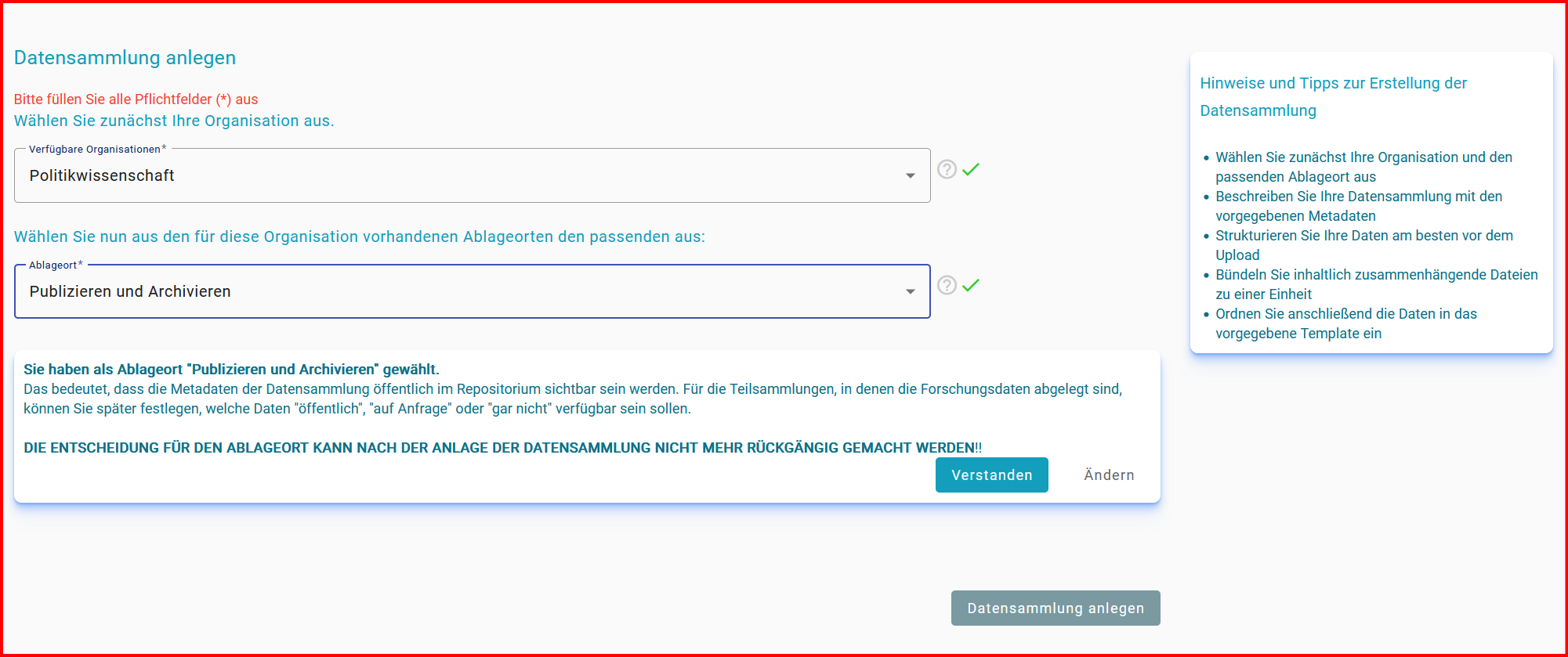 Maske zur Anlage einer Datensammlung